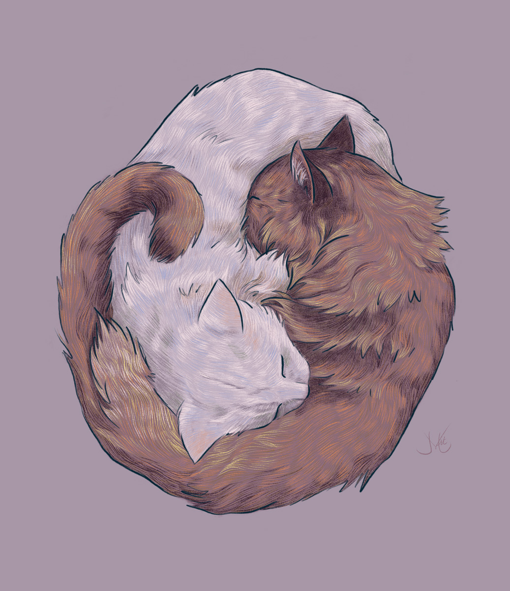 Digital drawing in a traditional pencil style of two cats snuggling together.